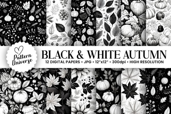 Download Black &amp; White Autumn Digital Papers - Digital papers Collection