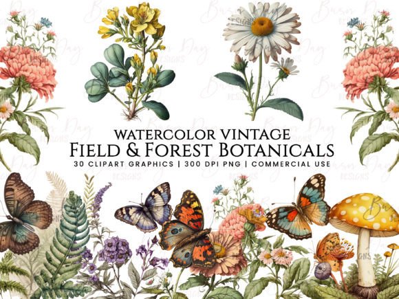 Download Field &amp; Forest Vintage Botanical Clipart - Premium Bundle