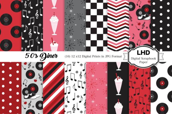 Download 50's Diner Black &amp; Red Digital Papers - Digital papers Collection